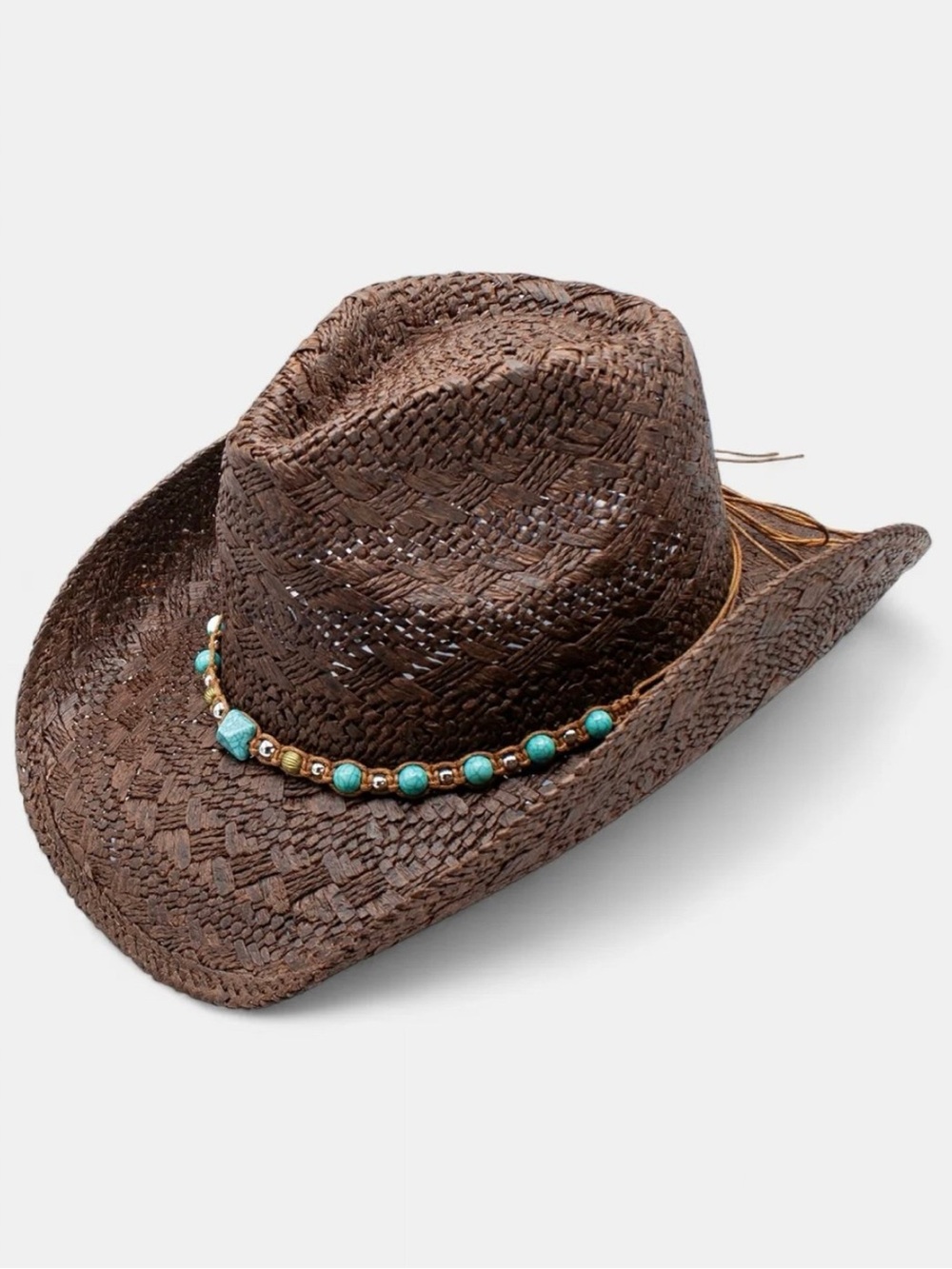 Peter Grimm Brown Straw Cowboy Hat with Turquoise Bead Band